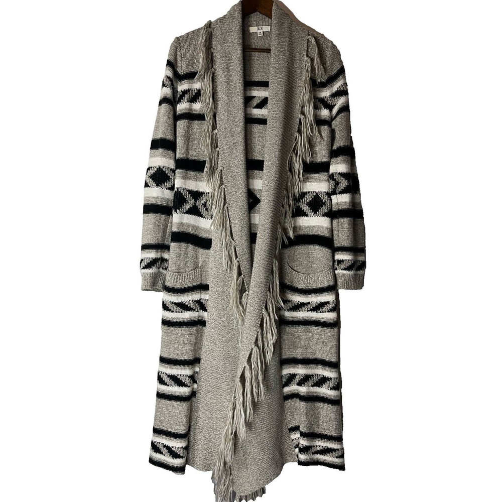 Jack Grey Long Line Open Front Cardigan Fringe Boho Womens Medium